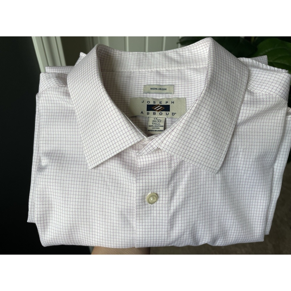 Joseph Abboud Dress Shirt Non-Iron Cotton White/Purple Check 17.5 36/37 Tall